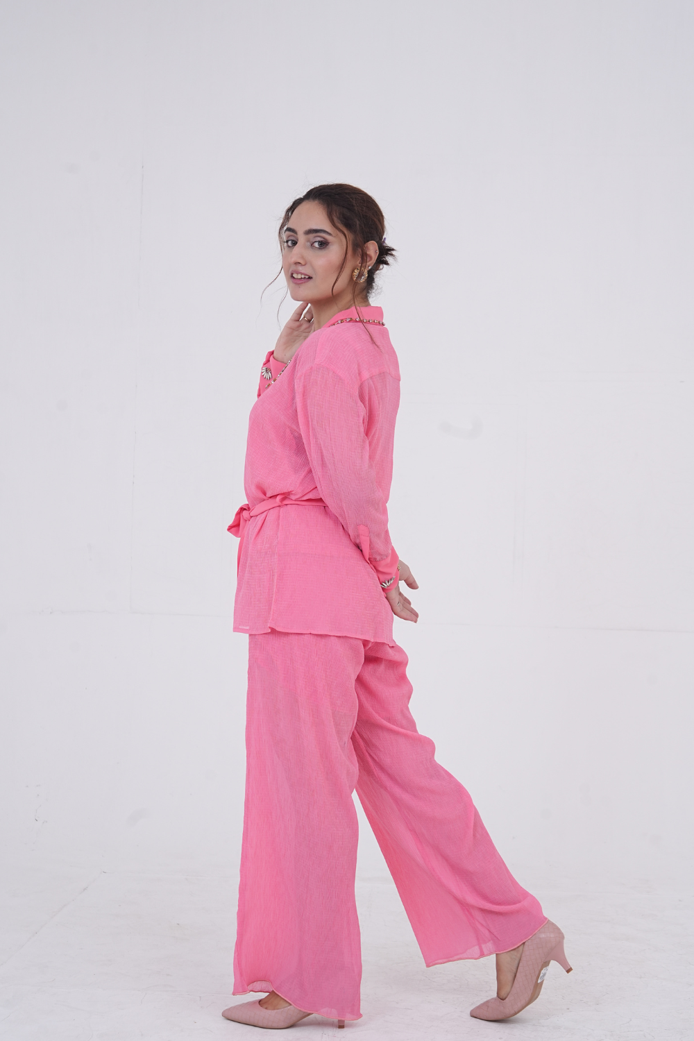 Peach Crinkle Chiffon with Artisan Adda Work"