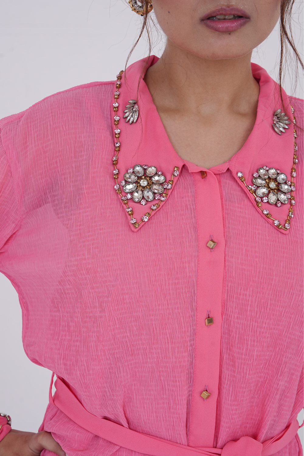 Peach Crinkle Chiffon with Artisan Adda Work"