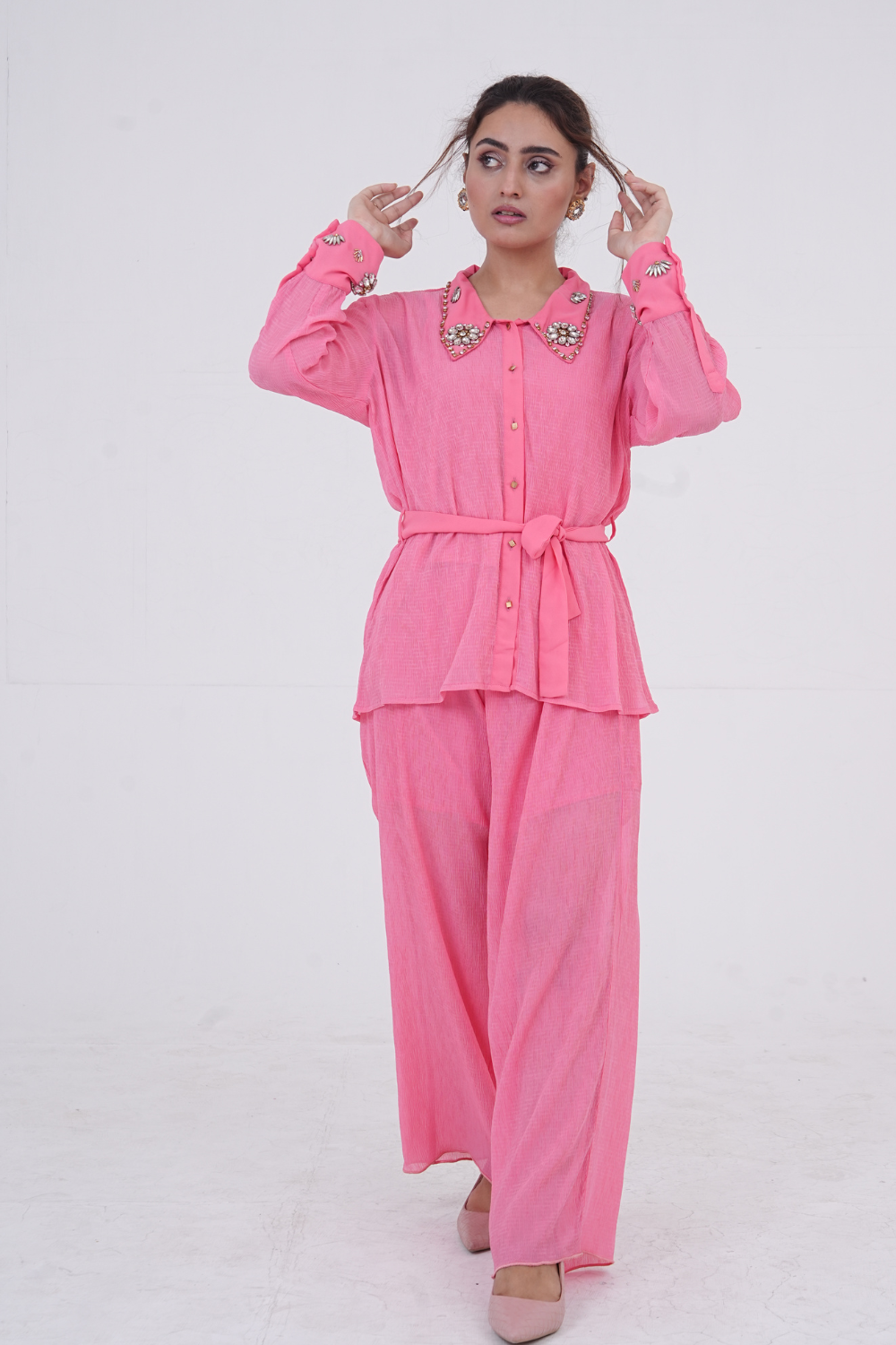 Peach Crinkle Chiffon with Artisan Adda Work"