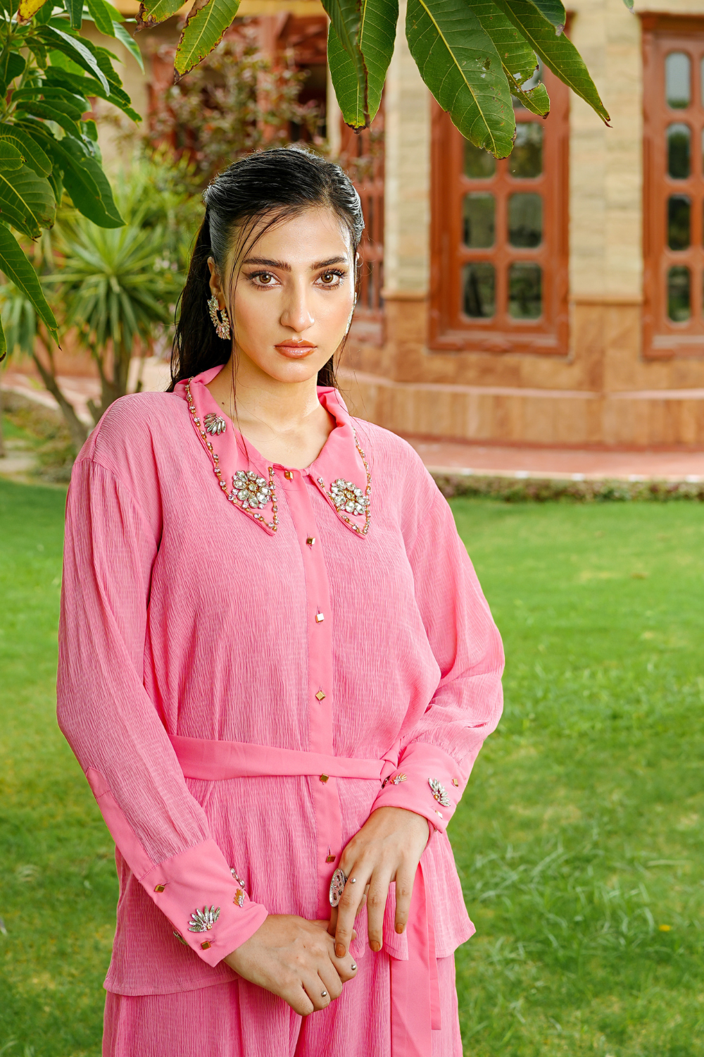 Peach Crinkle Chiffon with Artisan Adda Work"